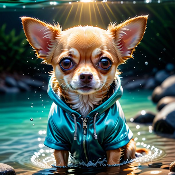 Pic d'un chihuahua dans un sweat à capuche dans l'eau