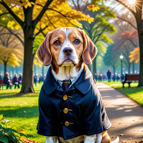 Foto de um beagle em um casaco no parque