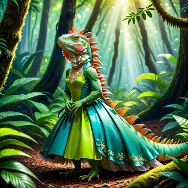 Picture of a iguana in a dress in the forest