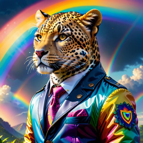 Illustration of a leopard in a jacket on the rainbow