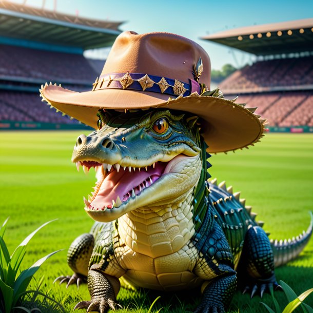 Imagem de um crocodilo em um chapéu no campo