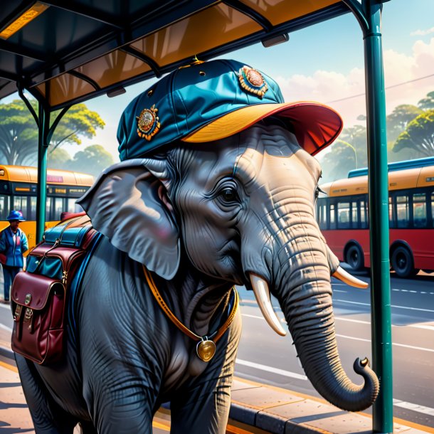 Desenho de um elefante em um boné na parada de ônibus