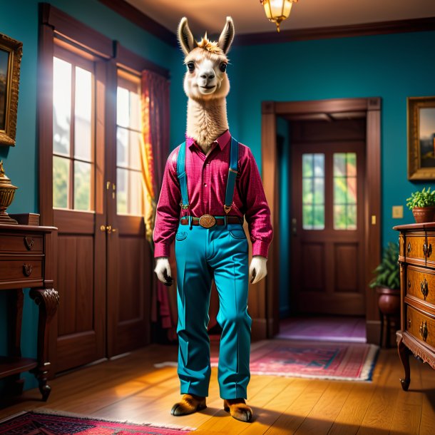 Image of a llama in a trousers in the house