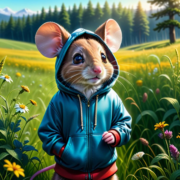 Drawing of a mouse in a hoodie in the meadow