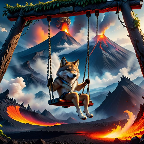 Photo of a swinging on a swing of a wolf in the volcano