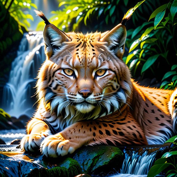 Photo of a sleeping of a lynx in the waterfall