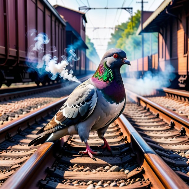 Foto de un fumar de una paloma en las vías del tren