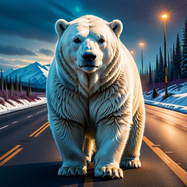 Drawing of a polar bear in a coat on the road