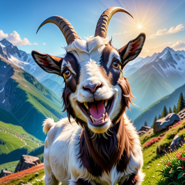 Photo of a smiling of a goat in the mountains