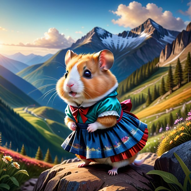 Illustration of a hamster in a skirt in the mountains