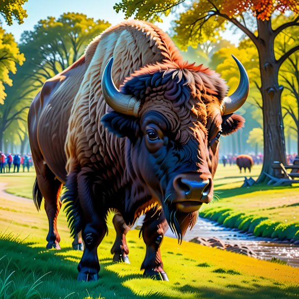 Picture of a drinking of a bison in the park