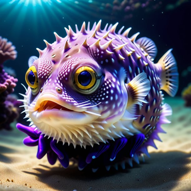 Pic of a pufferfish in a purple gloves