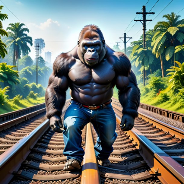 Picture of a gorilla in a jeans on the railway tracks