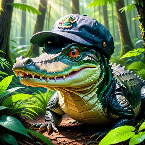 Drawing of a alligator in a cap in the forest