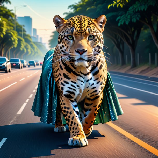 Illustration of a jaguar in a skirt on the road