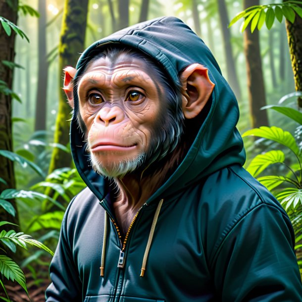 Foto de un chimpancé en una sudadera con capucha en el bosque