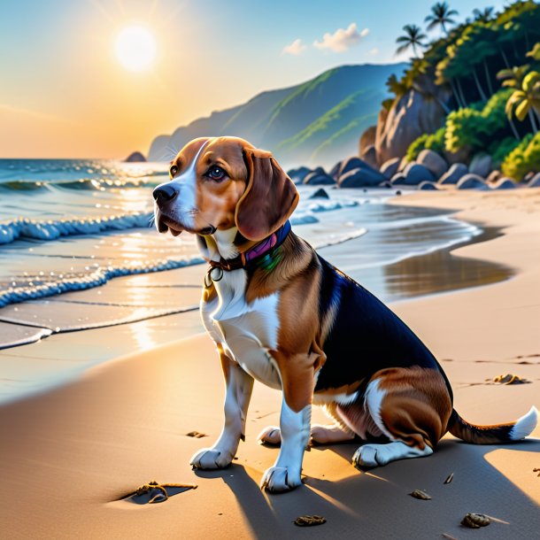 Image of a waiting of a beagle on the beach