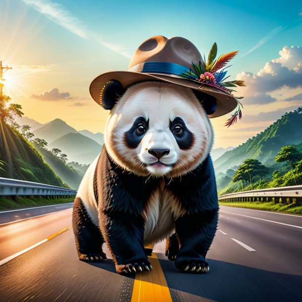 Illustration of a giant panda in a hat on the highway