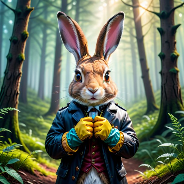 Image of a hare in a gloves in the forest