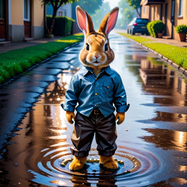 Photo of a rabbit in a trousers in the puddle