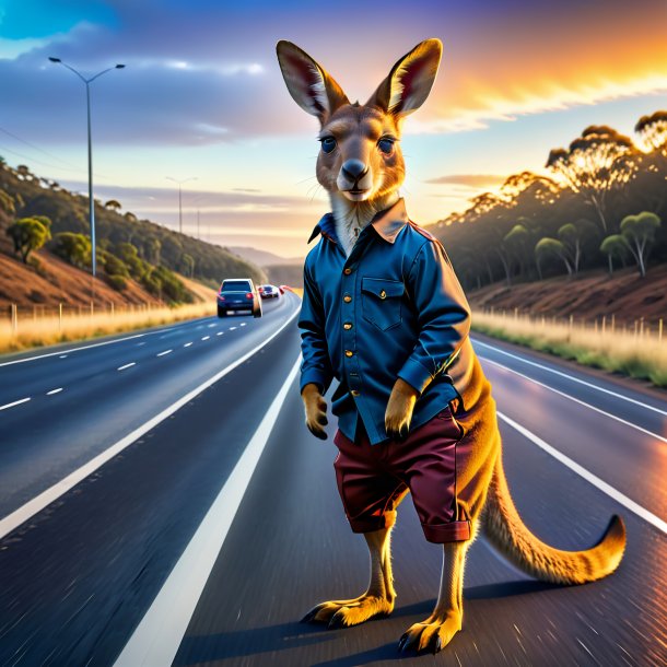 Pic of a kangaroo in a trousers on the highway