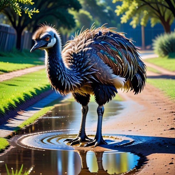 Image of a playing of a emu in the puddle