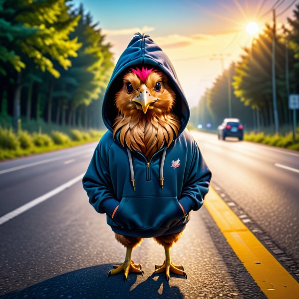 Imagem de uma galinha em um hoodie na estrada