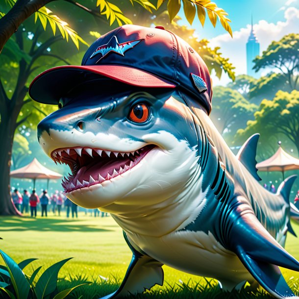 Illustration of a shark in a cap in the park