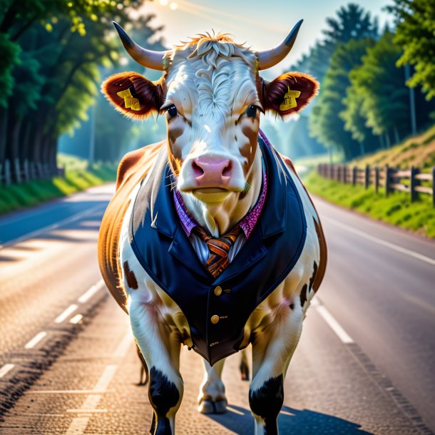 Image d'une vache dans un gilet sur la route