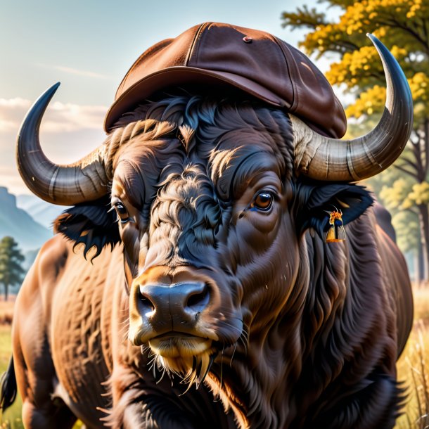 Foto de un búfalo en una gorra marrón