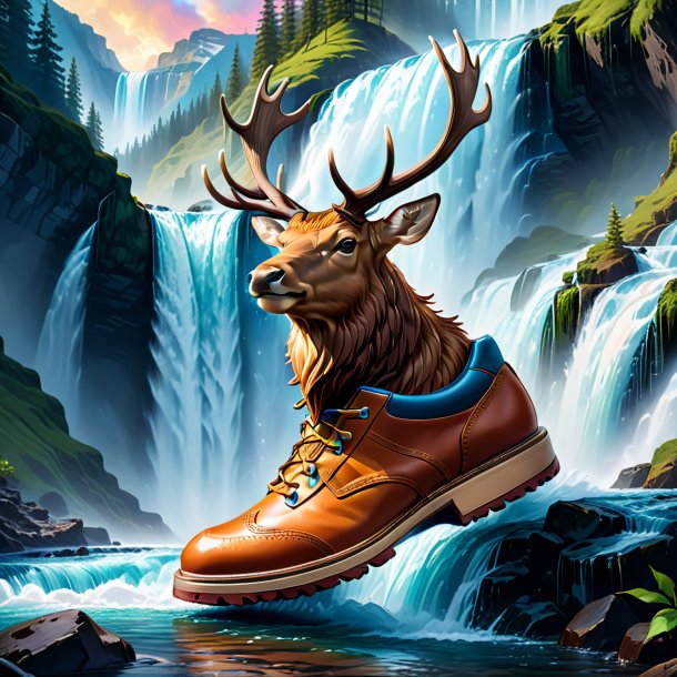 Illustration of a elk in a shoes in the waterfall