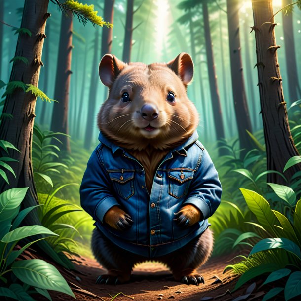 Illustration of a wombat in a jeans in the forest