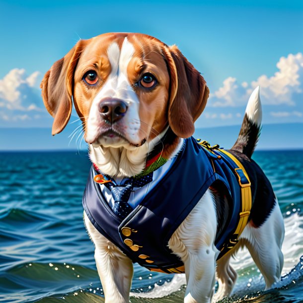 Imagem de um beagle em um colete no mar