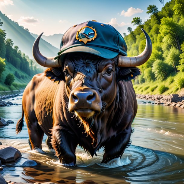 Pic of a buffalo in a cap in the river