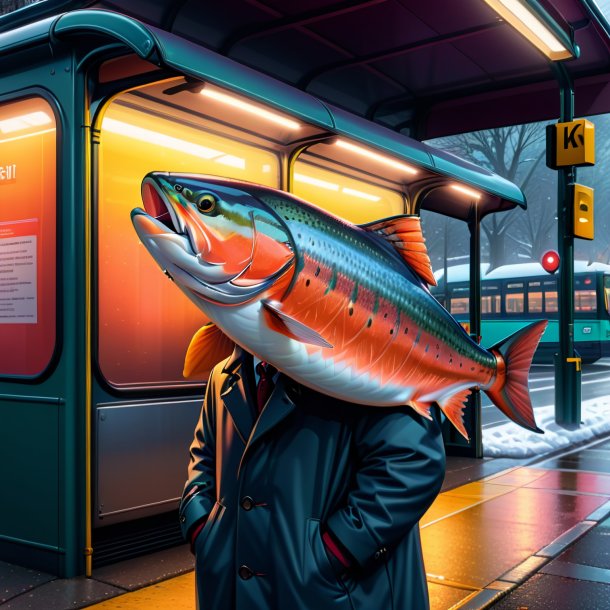 Illustration of a salmon in a coat on the bus stop