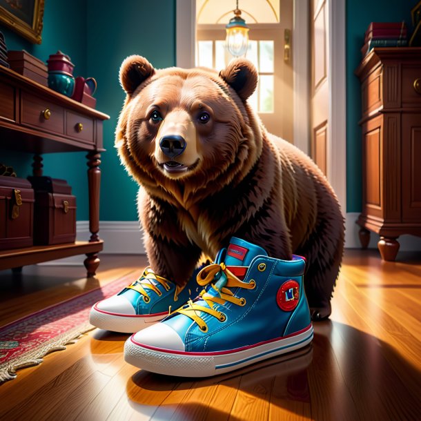 Illustration of a bear in a shoes in the house