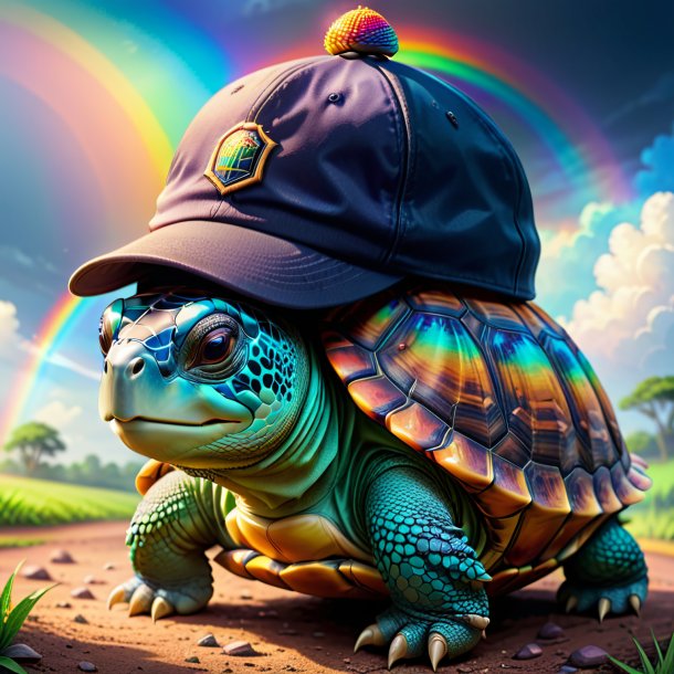 Dessin d'une tortue dans une casquette sur l'arc-en-ciel