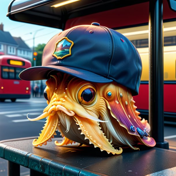 Drawing of a cuttlefish in a cap on the bus stop