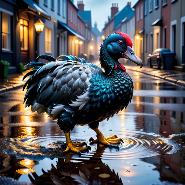 Foto de un dodo en guantes en el charco