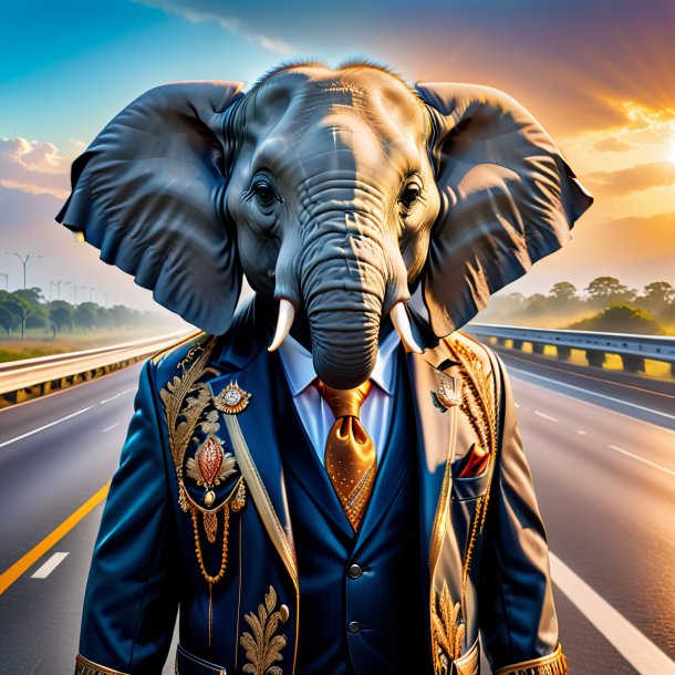 Picture of a elephant in a jacket on the highway