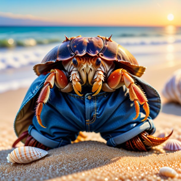 Image of a hermit crab in a trousers on the beach