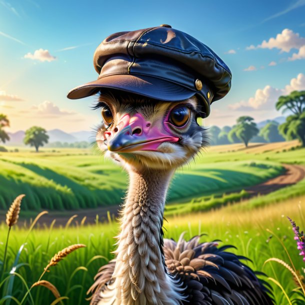 Image of a ostrich in a cap in the meadow