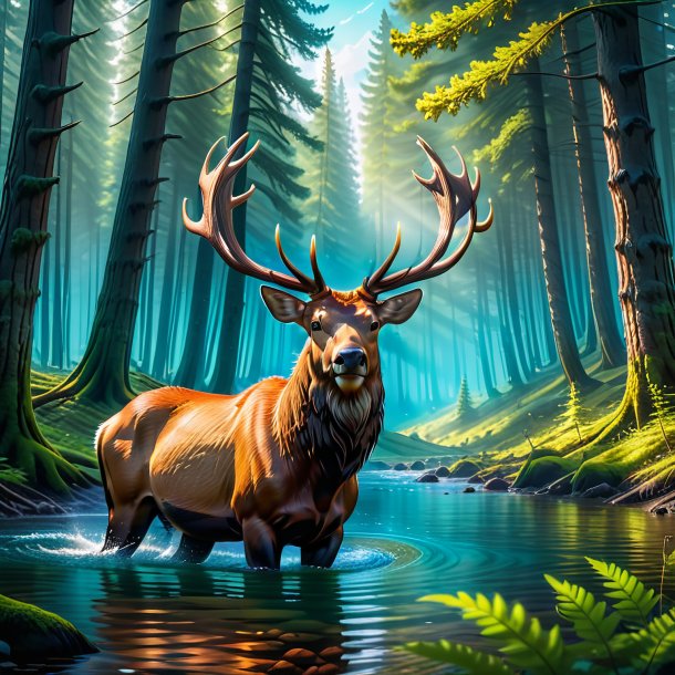 Pic of a swimming of a elk in the forest