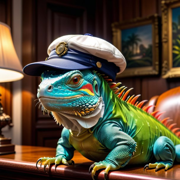 Image of a iguana in a cap in the house