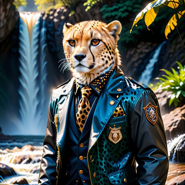 Image of a cheetah in a jacket in the waterfall