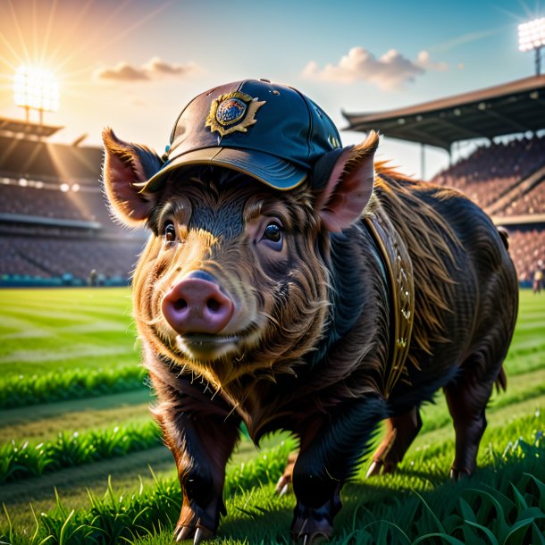 Photo of a boar in a cap on the field