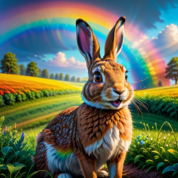 Image of a smiling of a hare on the rainbow