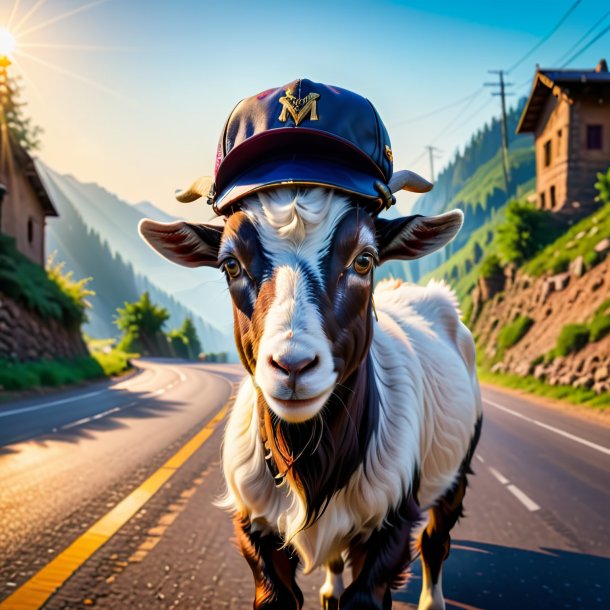 Image d'une chèvre dans un chapeau sur la route