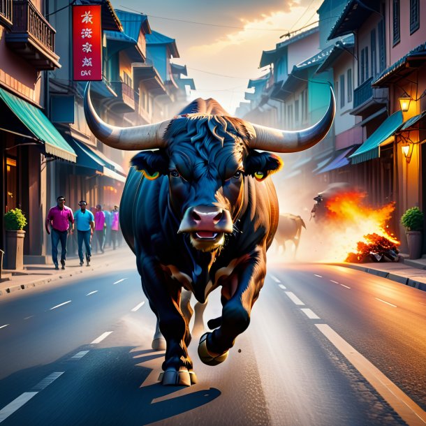 Picture of a angry of a bull on the road