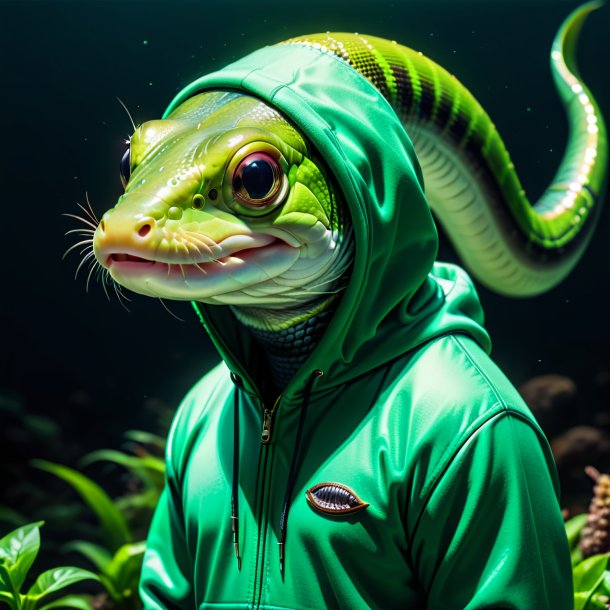 Photo of a eel in a green hoodie